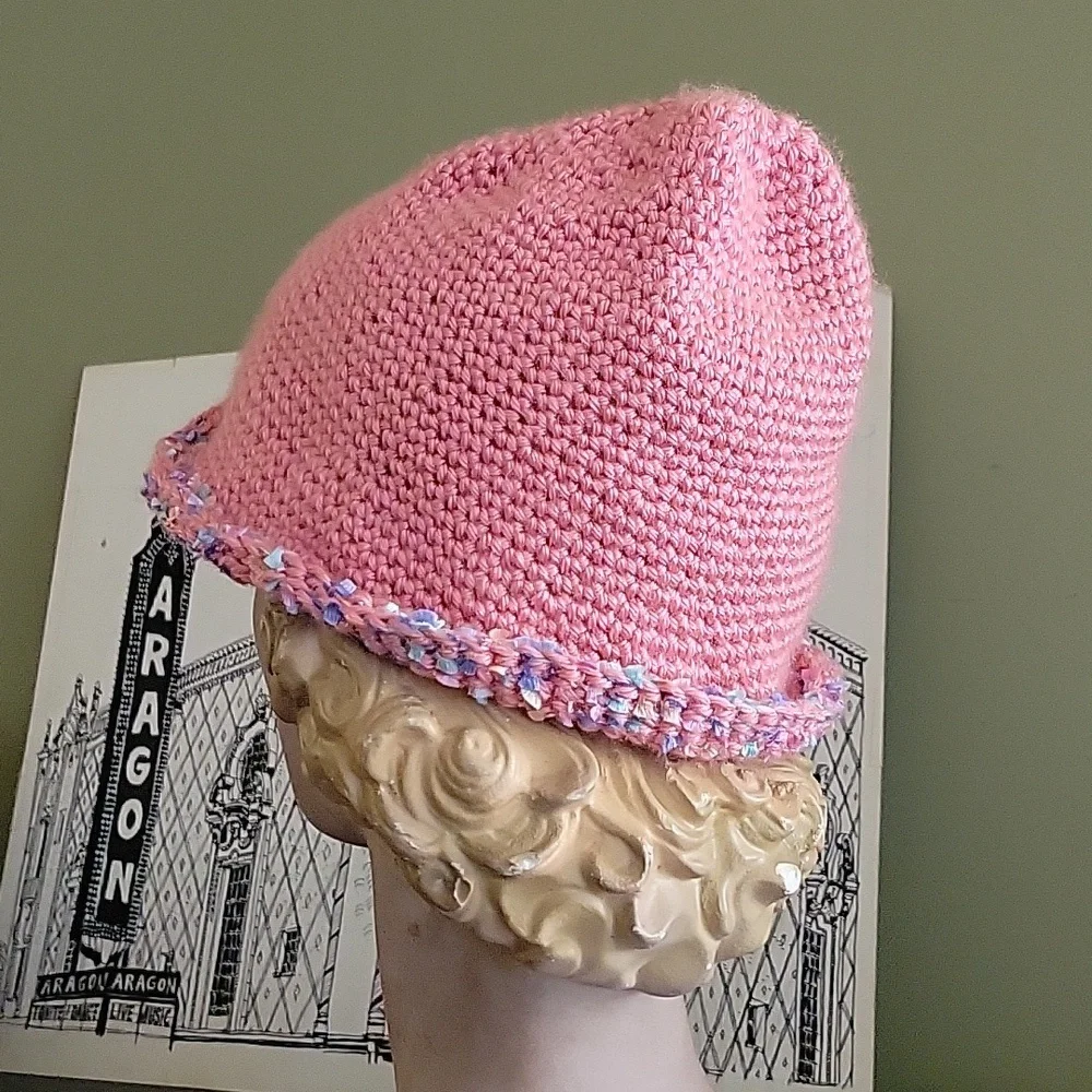 Hand crochet hat with brim.  Womans pink multi-colored eyelash year trim